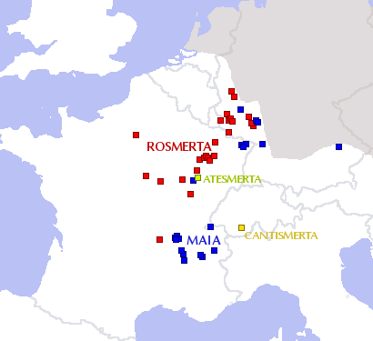 Carte des inscriptions à Rosmerta et à Maïa